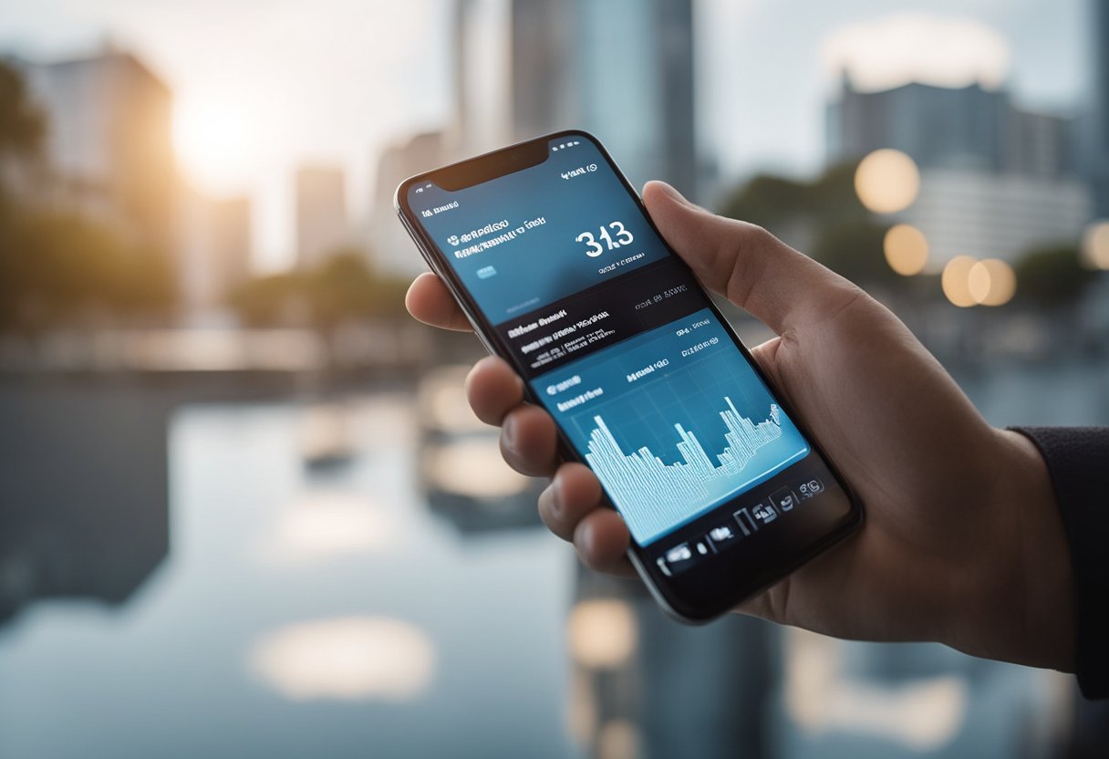 Uma pessoa usando um smartphone para acessar o aplicativo Invest Facil Bradesco, com um gráfico mostrando o crescimento dos investimentos ao fundo.