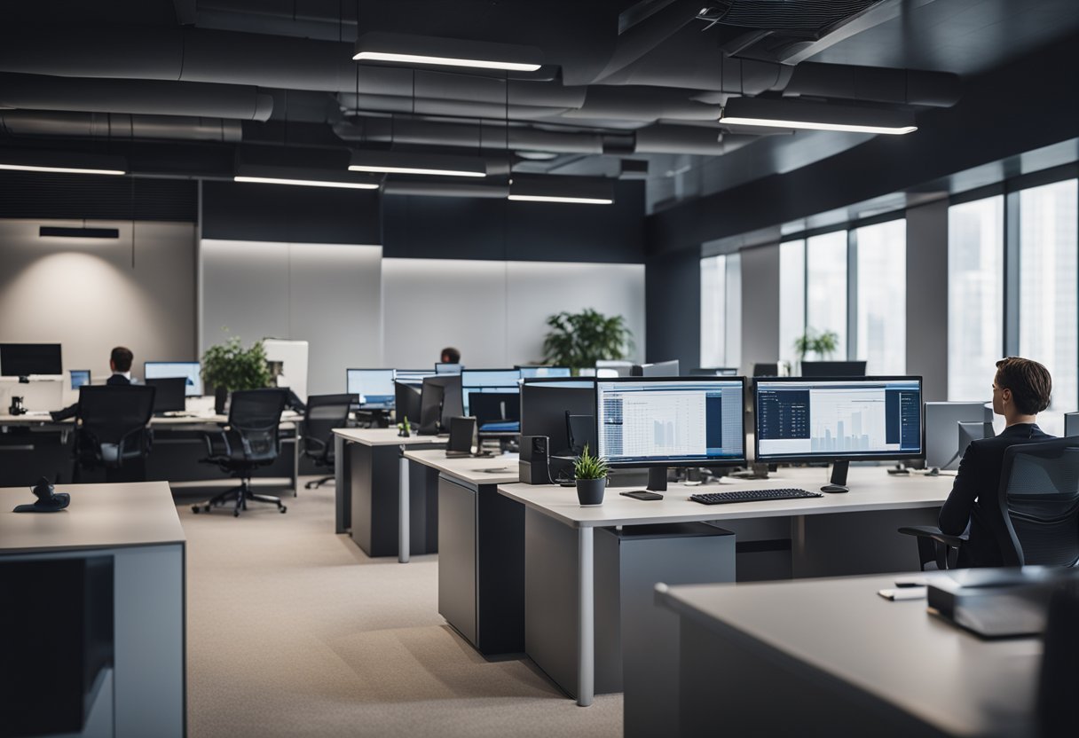 Um ambiente de escritório moderno com um design elegante e minimalista. Uma equipe de profissionais trabalhando com dados financeiros e análise.