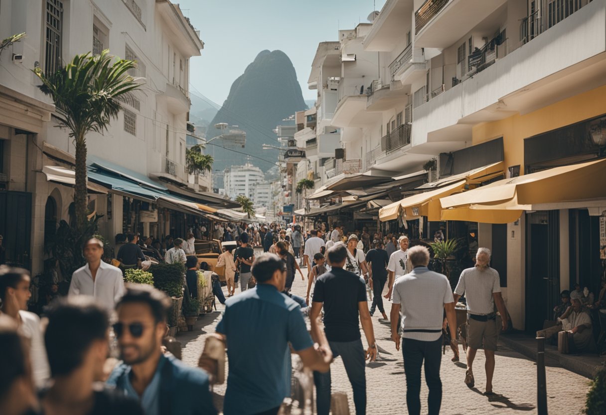 Uma rua movimentada em Ipanema, com vários negócios e instituições financeiras. Pessoas são vistas entrando e saindo de edifícios, enquanto outras estão envolvidas em discussões com profissionais.