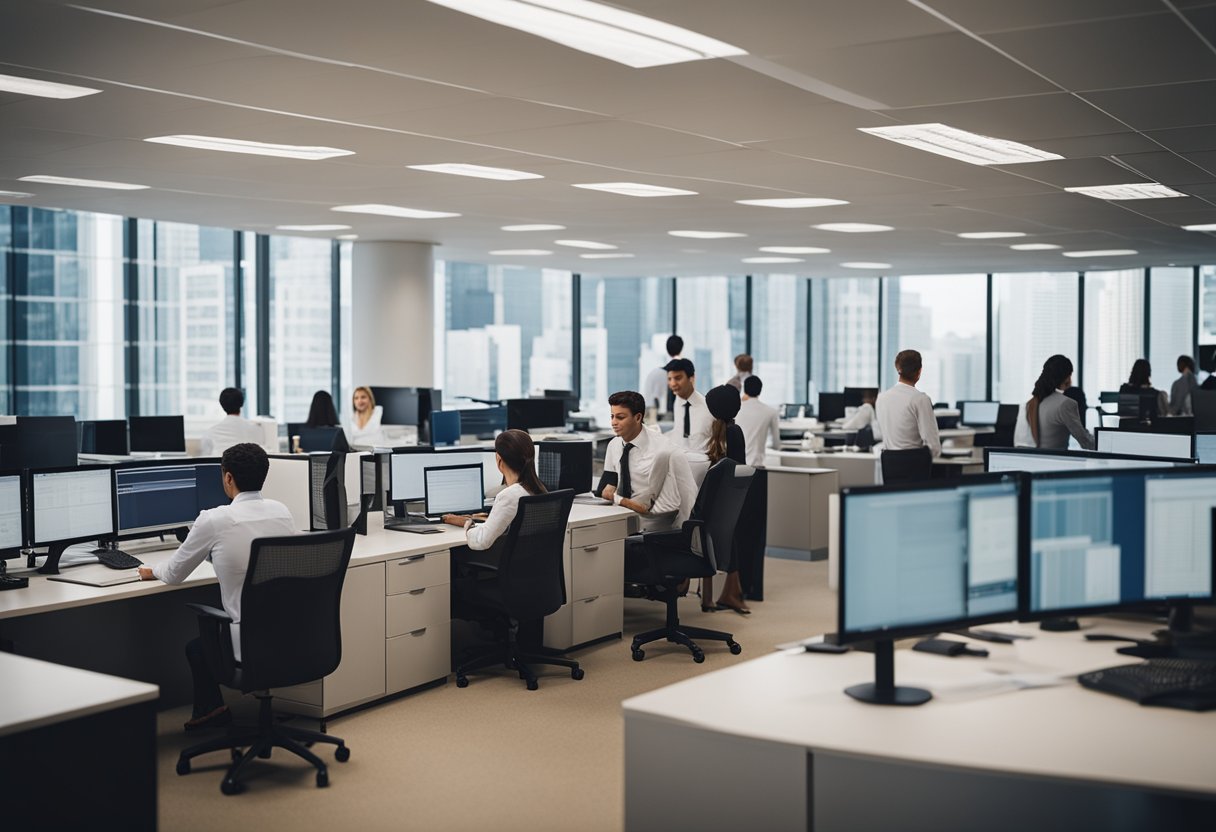 Um escritório movimentado com funcionários revisando documentos financeiros e analisando dados de crédito para a Ipanema Gestão de Crédito.