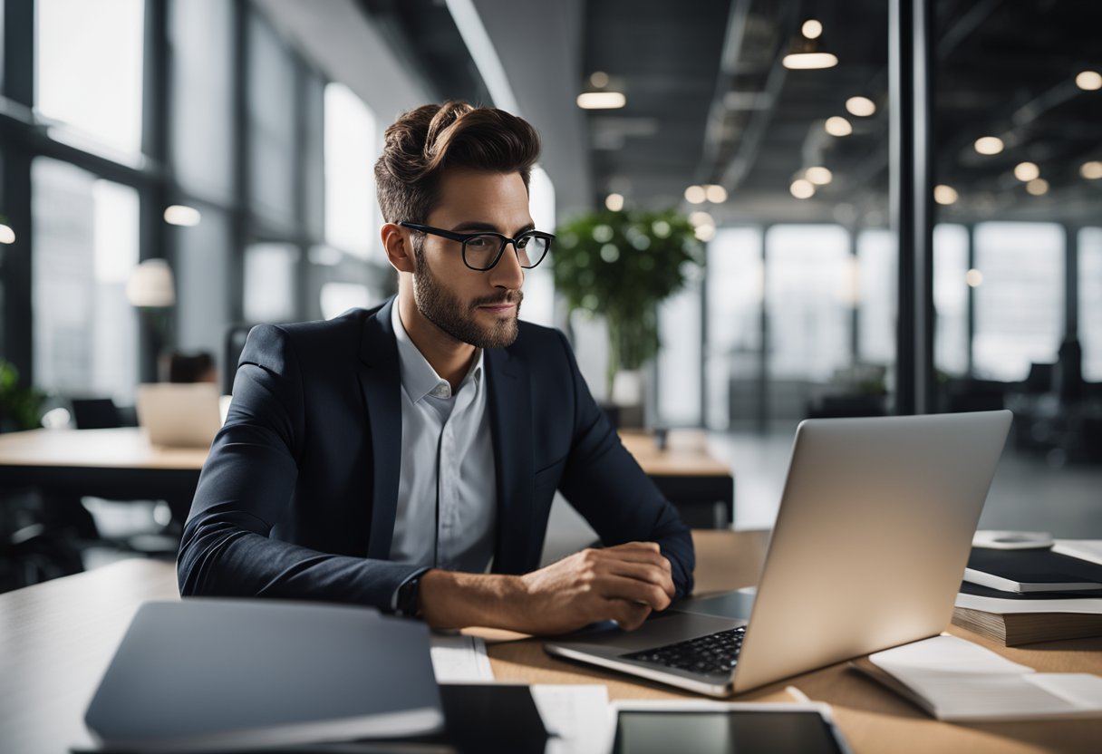 Uma pessoa sentada em uma mesa com um laptop e documentos, cercada por um ambiente bancário moderno e profissional.