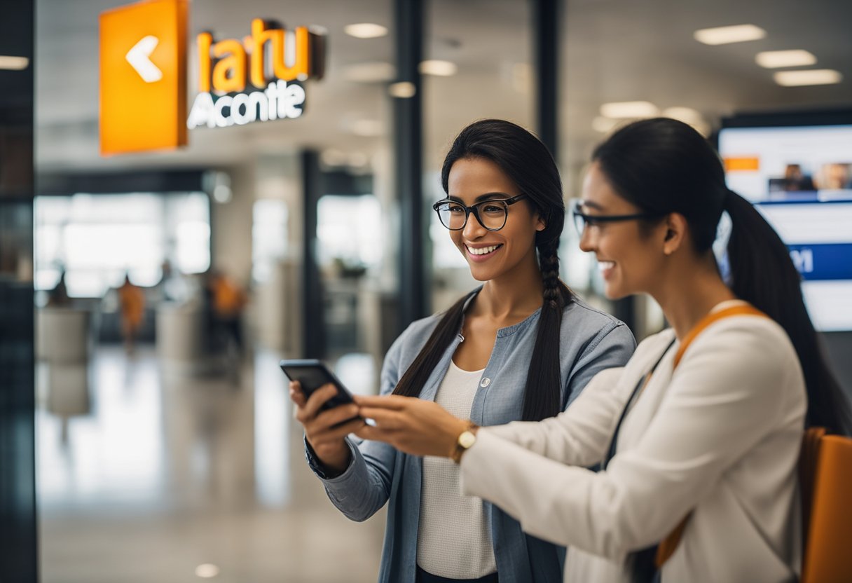 Uma pessoa usando um smartphone para abrir uma conta Itaú Personnalité, com uma agência bancária elegante e moderna ao fundo