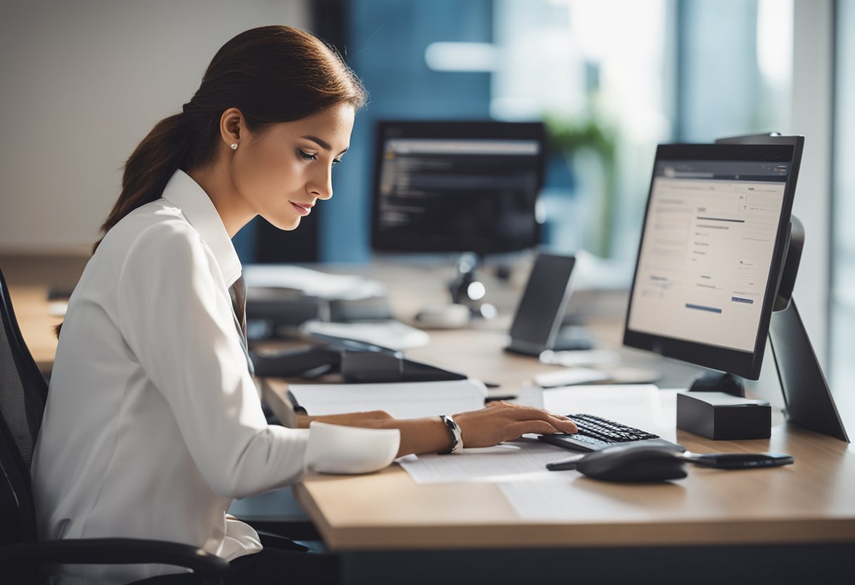 Uma pessoa sentada em uma mesa preenchendo papéis, com um computador e o logo do Itaú Personnalité ao fundo.