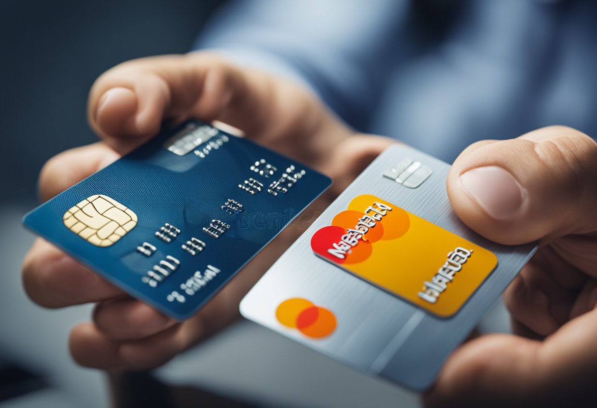 Uma mão segurando dois cartões de crédito, um Visa e um Mastercard, comparando-os.