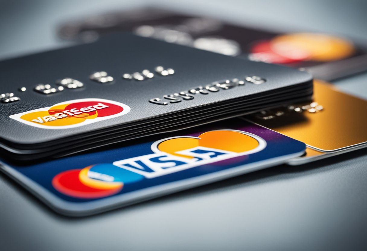 Dois cartões de crédito, Visa e Mastercard, exibidos lado a lado com uma mão pairando sobre eles, tentando decidir qual usar.