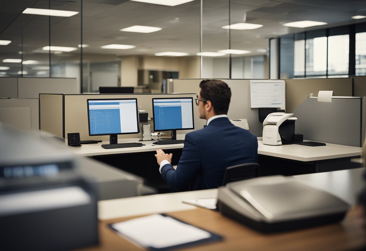 Um caixa de banco ajudando um cliente em uma mesa com um computador e documentos.