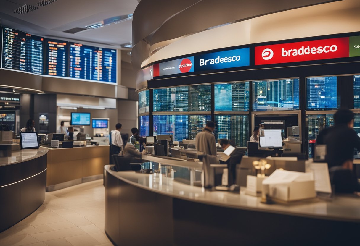 Uma exibição colorida e convidativa de vários serviços financeiros, incluindo banking, seguros e investimentos, todos oferecidos como parte da Cesta de Serviços Gratuitos do Bradesco.