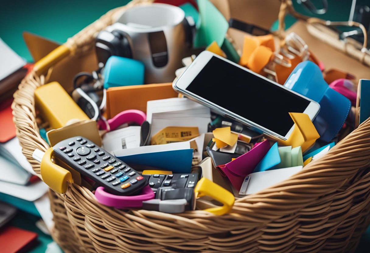 Uma cesta colorida transbordando com vários itens relacionados a serviços, como um telefone, computador e documentos, simbolizando os benefícios do pacote de serviços gratuitos do Bradesco.