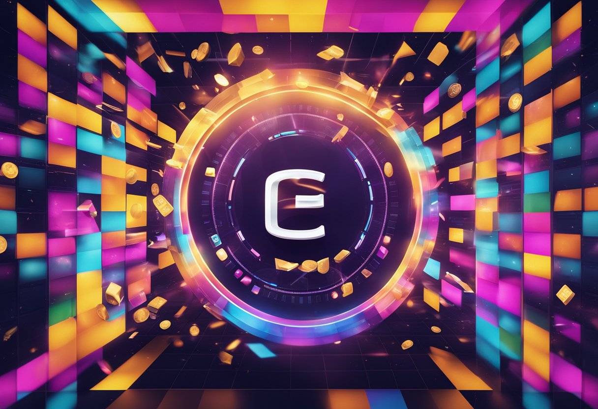 Uma tela de jogo colorida com um logotipo do C6 Bank em destaque e várias recompensas flutuando ao redor