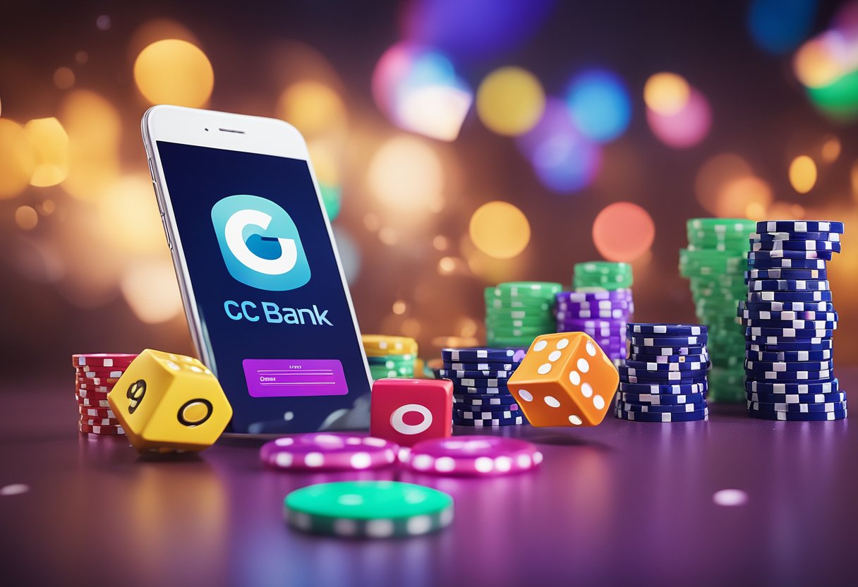 Uma cena vibrante e dinâmica apresentando o jogo de recompensas do C6 Bank, com elementos lúdicos e uma estética moderna e tecnológica.