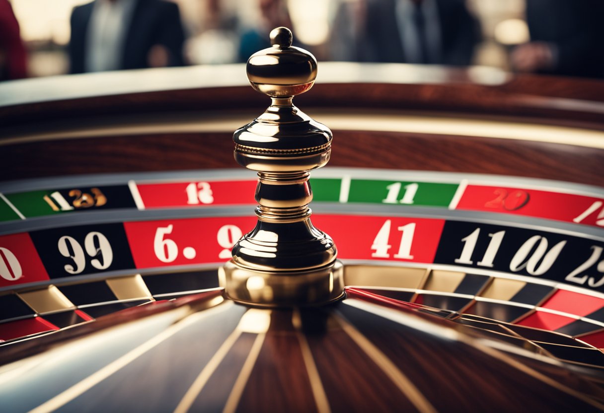 Uma roda de roleta giratória com bolsos numerados em vermelho e preto, uma pequena bola de prata pulando, e uma multidão de espectadores animados fazendo suas apostas