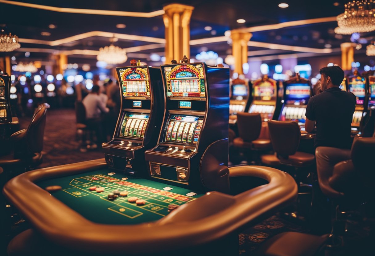 Um cassino colorido com máquinas caça-níqueis e mesas de cartas, cercado por iniciantes animados tentando a sorte