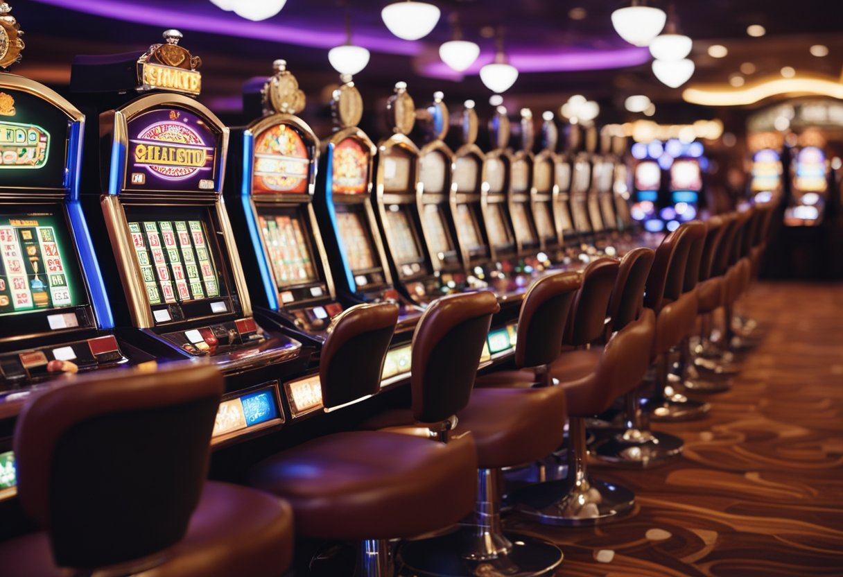 Uma variedade colorida de jogos de cassino simples, incluindo máquinas caça-níqueis e mesas de roleta, com iniciantes tentando a sorte e aproveitando a atmosfera animada.
