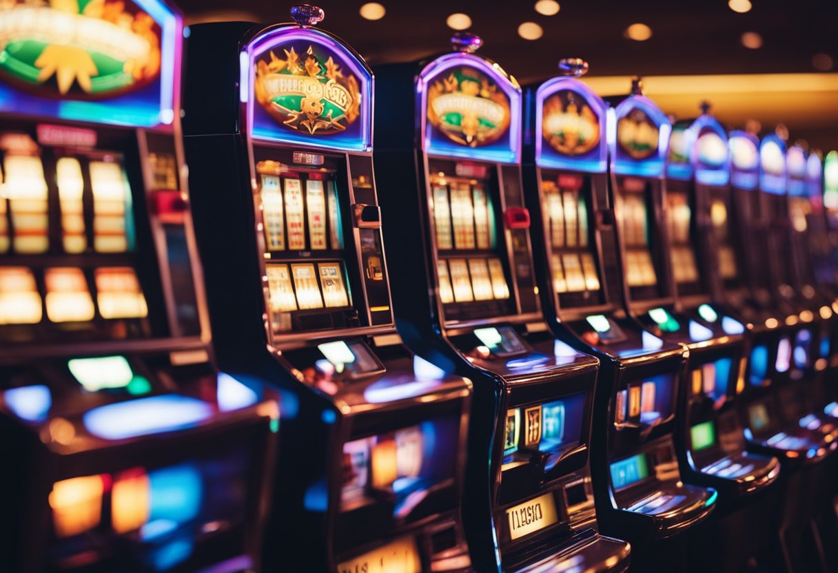 Uma fileira de máquinas caça-níqueis coloridas com luzes piscantes e roletas giratórias em um cassino movimentado