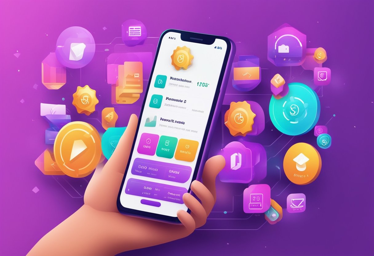Uma ilustração vibrante e moderna de uma interface do aplicativo Nubank com várias opções de jogos para ganhar dinheiro