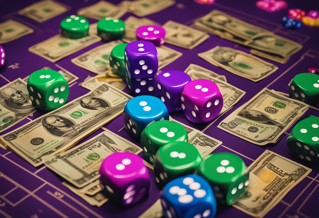 Um tabuleiro de jogo vibrante com fichas coloridas e dados, cercado por uma pilha de dinheiro e um logo do Nubank ao fundo.