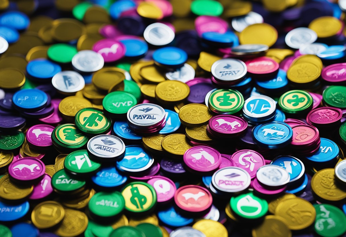 Uma pilha de fichas de jogo coloridas ao lado de um logo do PayPal