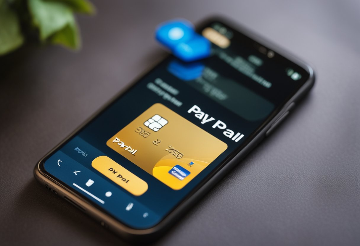 Um smartphone exibindo um aplicativo do PayPal com uma interface de jogo, cercado por moeda virtual e um logo do PayPal