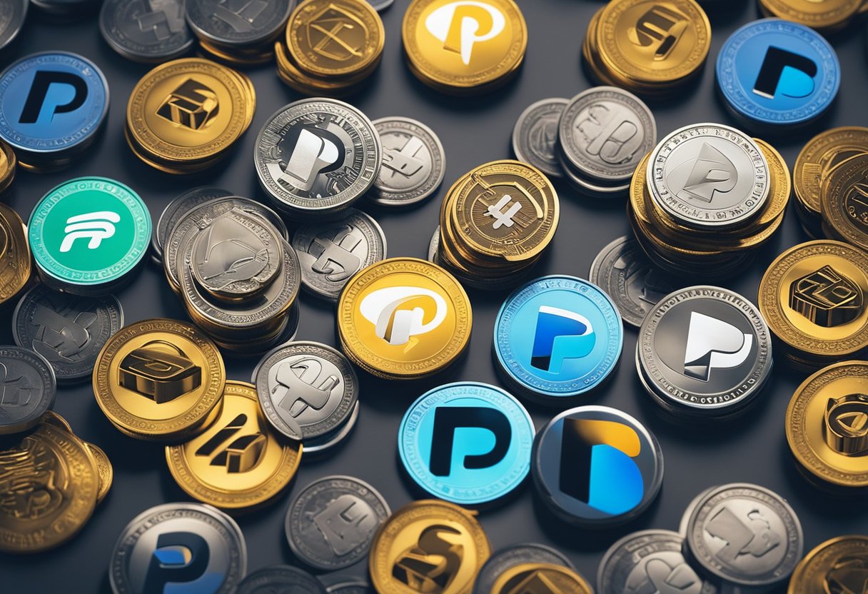 Uma variedade colorida de ícones de videogames com logotipos do PayPal, cercada por pilhas de dinheiro e moedas