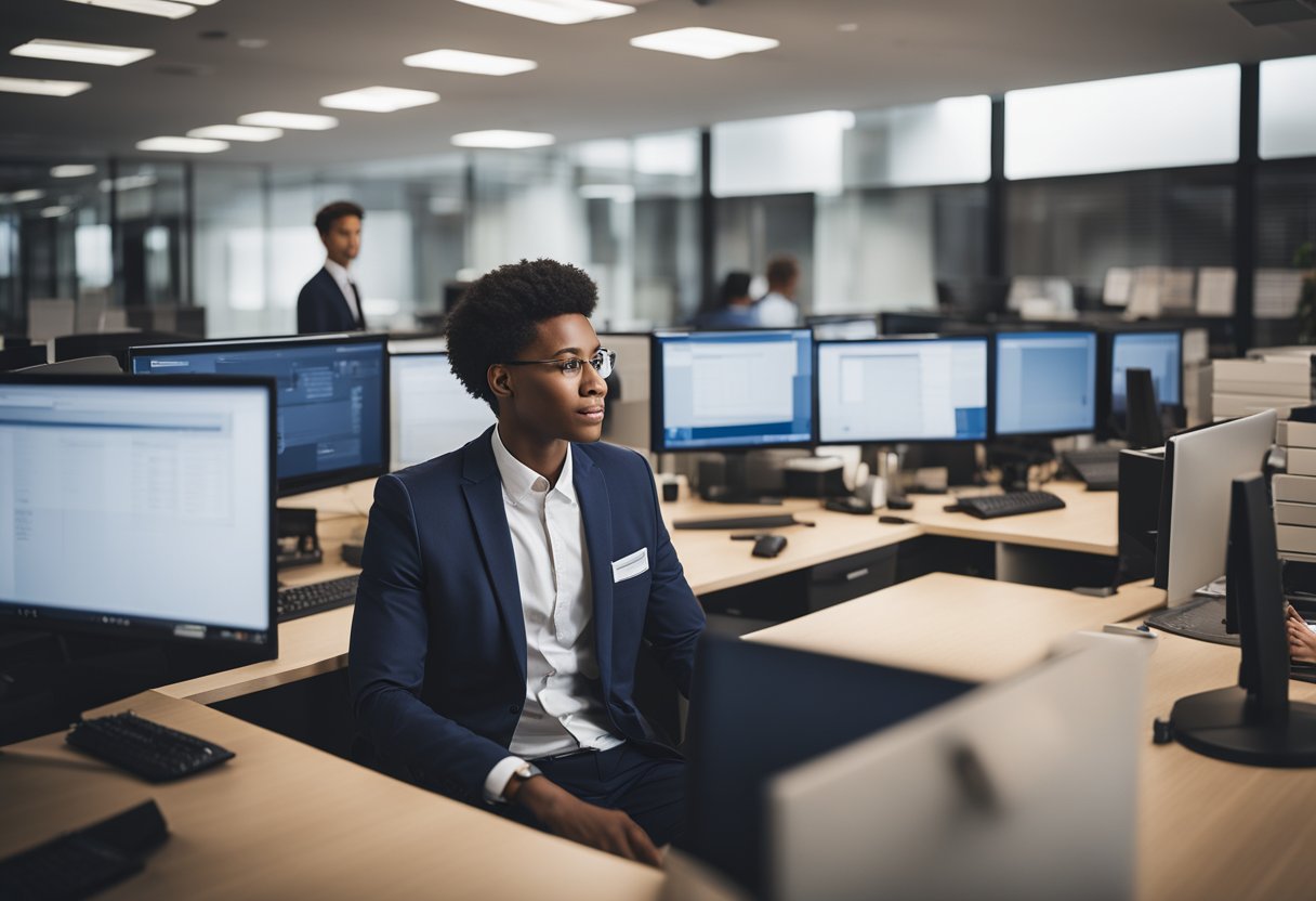 Uma jovem em um uniforme do Bradesco, trabalhando em uma mesa com um computador, cercada por colegas em um ambiente de escritório moderno.