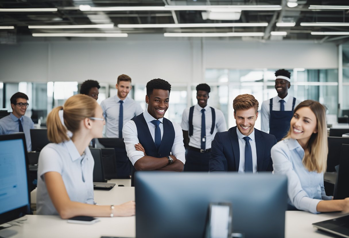 Um grupo de jovens adultos em trajes de negócios participando de atividades de treinamento profissional em uma instalação do Bradesco, com mentores e supervisores orientando-os.