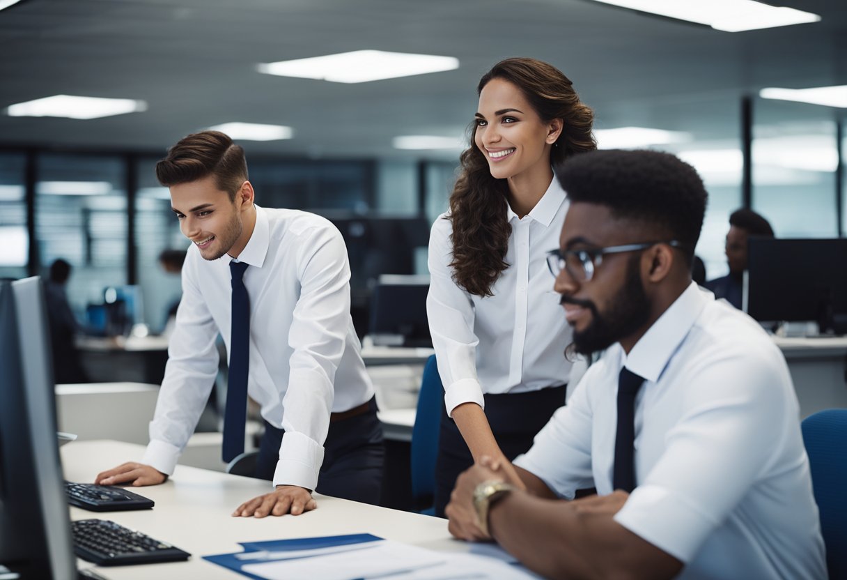 Um grupo de jovens adultos em uniformes do Bradesco trabalhando juntos em um ambiente de escritório moderno, com computadores e papéis nas mesas.