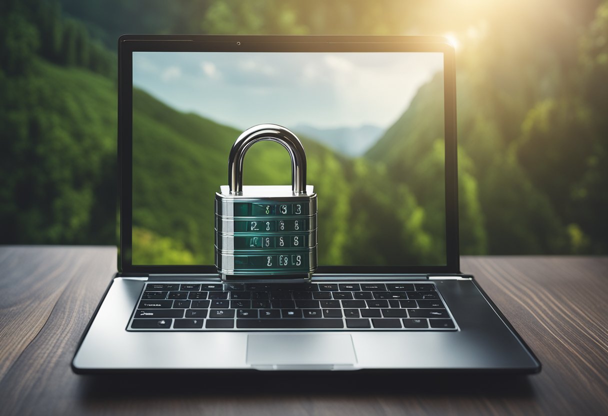 Um laptop com um ícone de cadeado, cercado por um escudo e um cadeado