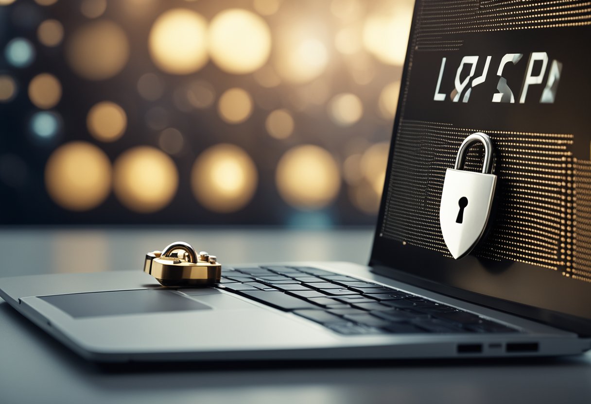 Um laptop com um ícone de cadeado seguro na tela, cercado por um símbolo de escudo e um cadeado