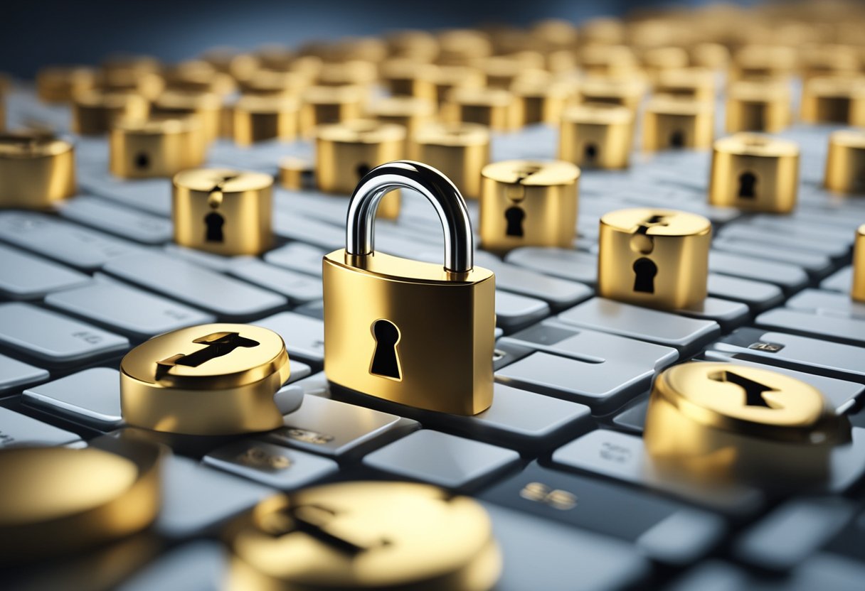 Um marketplace online com um ícone de cadeado seguro e símbolos de seguro