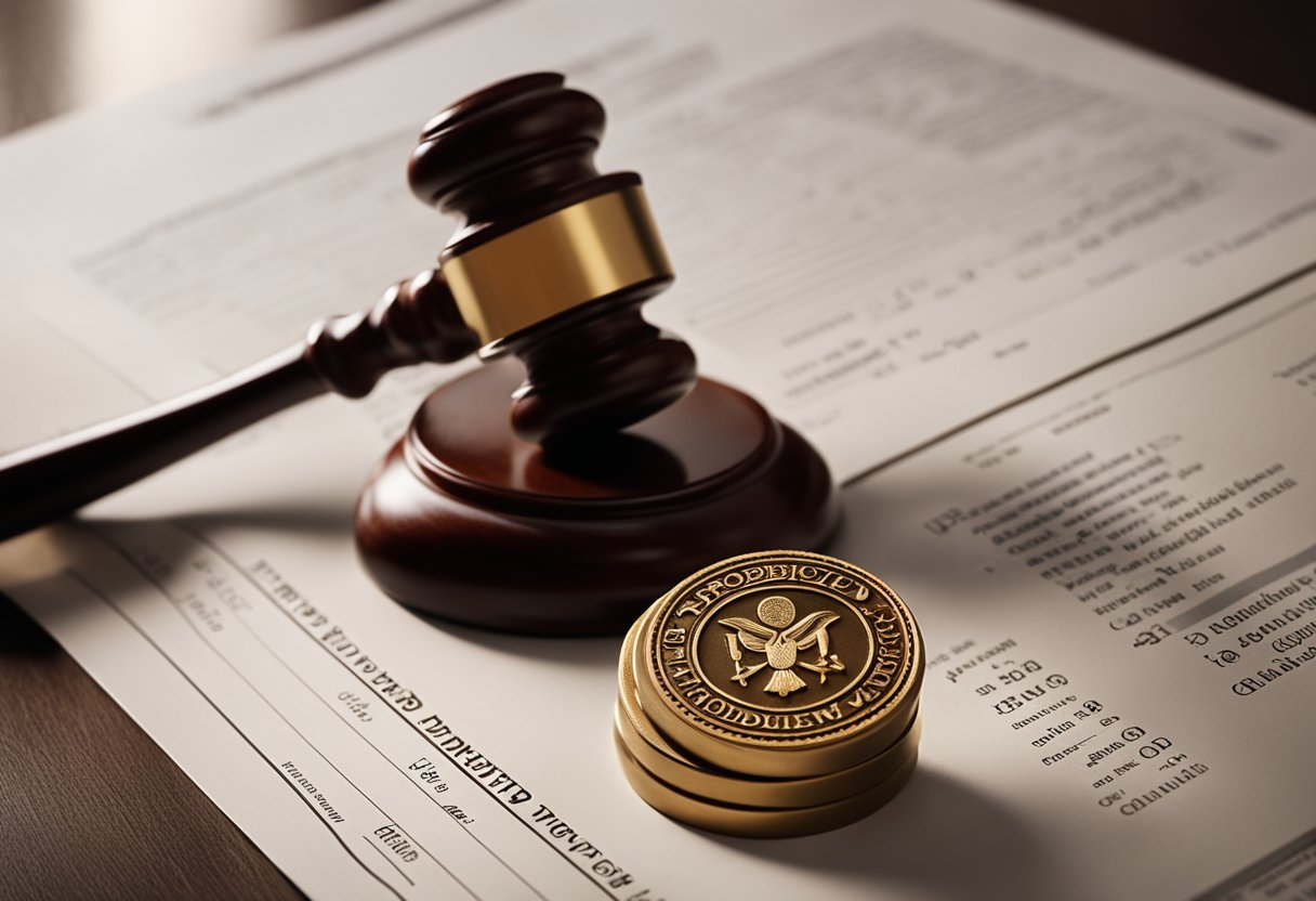 O martelo do juiz batendo em um símbolo de banco, com um carimbo vermelho de "proibido" sobre um documento de empréstimo.