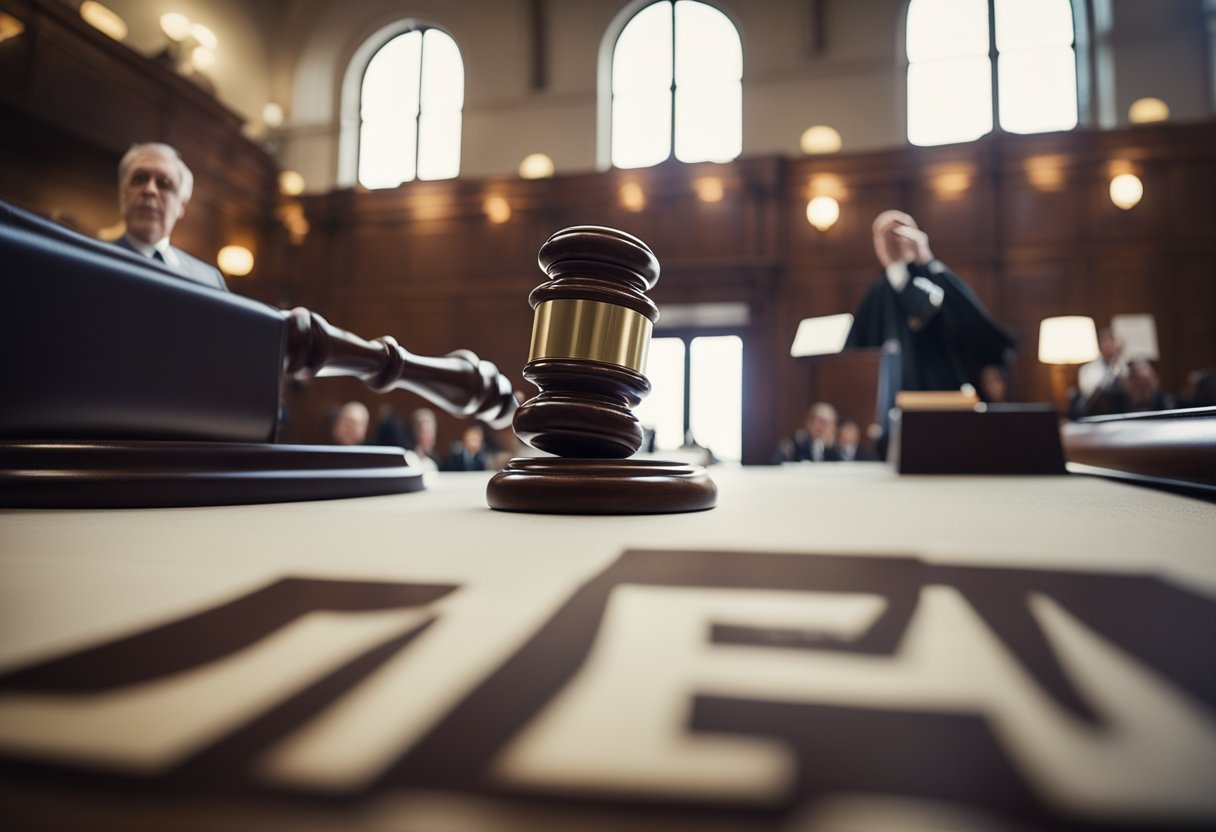 Um juiz batendo o martelo em um tribunal, com o logo do C6 Bank em um banner atrás dele