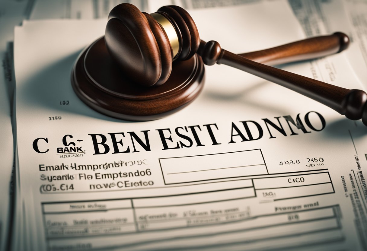 Um martelo de juiz batendo em um logotipo de banco, com as palavras "C6 Bank" e "empréstimo consignado" riscadas em vermelho