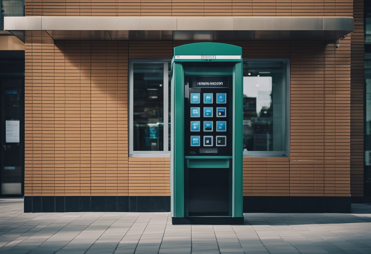 Uma cabine telefônica do lado de fora de um banco com um painel de código e display de informações