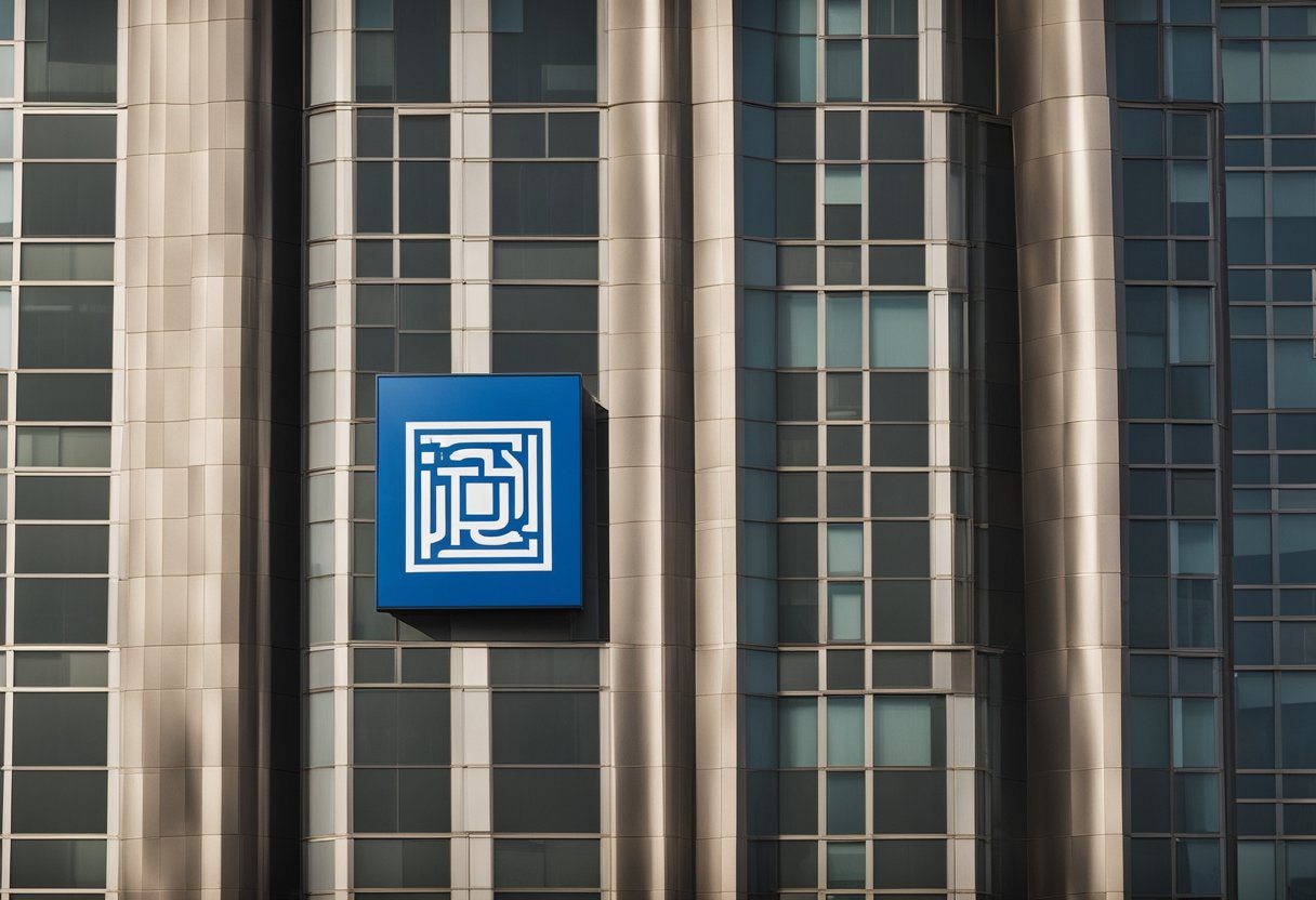 Um prédio bancário moderno com o logo da Kirton, um número de telefone e um código QR exibidos de forma proeminente