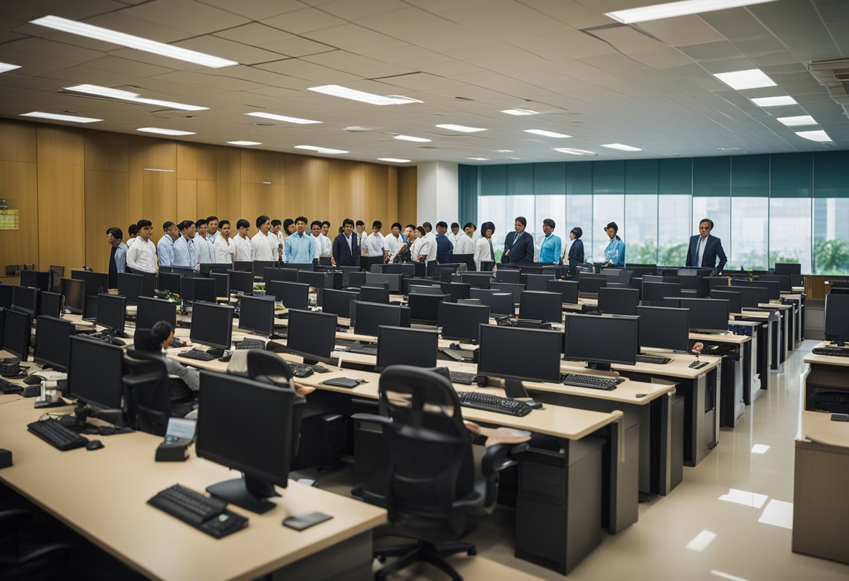 A cena retrata um escritório do governo com funcionários processando e aprovando a liberação do empréstimo do Bolsa Família para o ano de 2025.