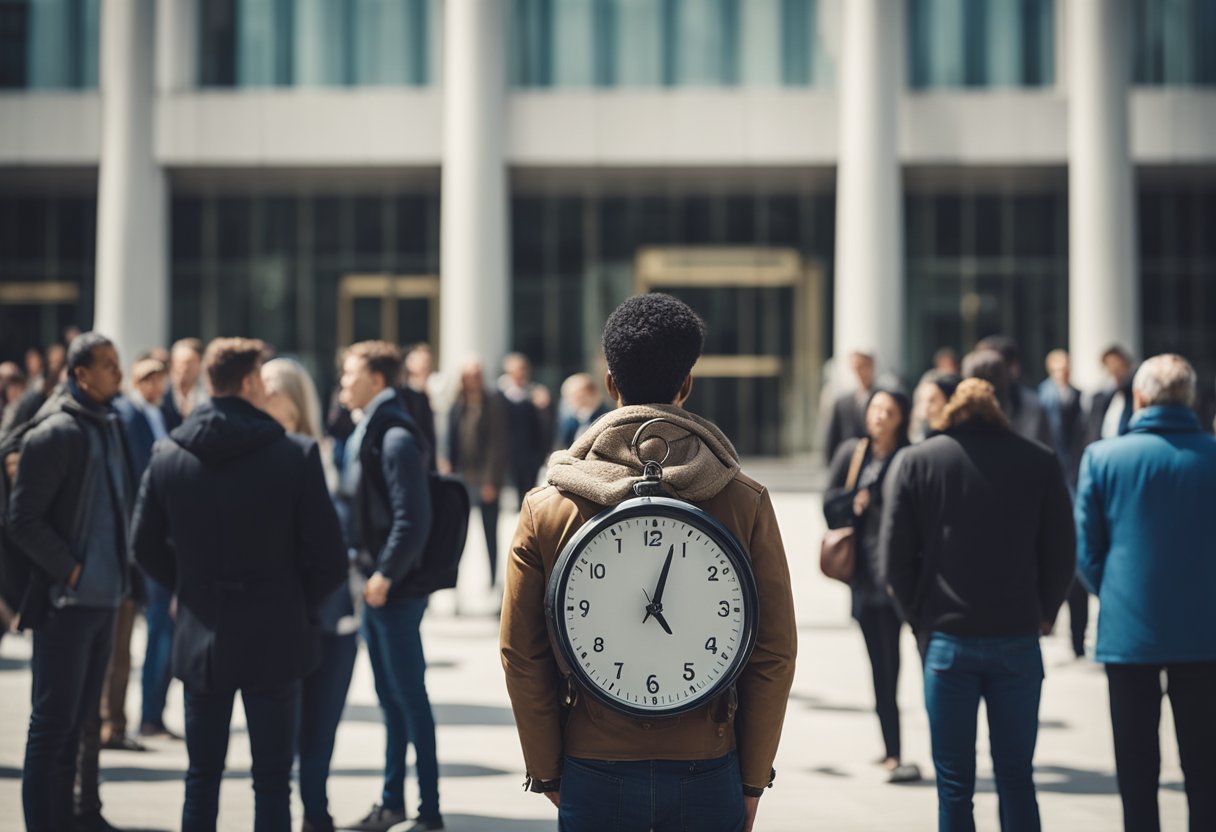 Uma pessoa esperando na fila do lado de fora de um prédio governamental, cercada por outras, com um relógio mostrando a passagem do tempo.