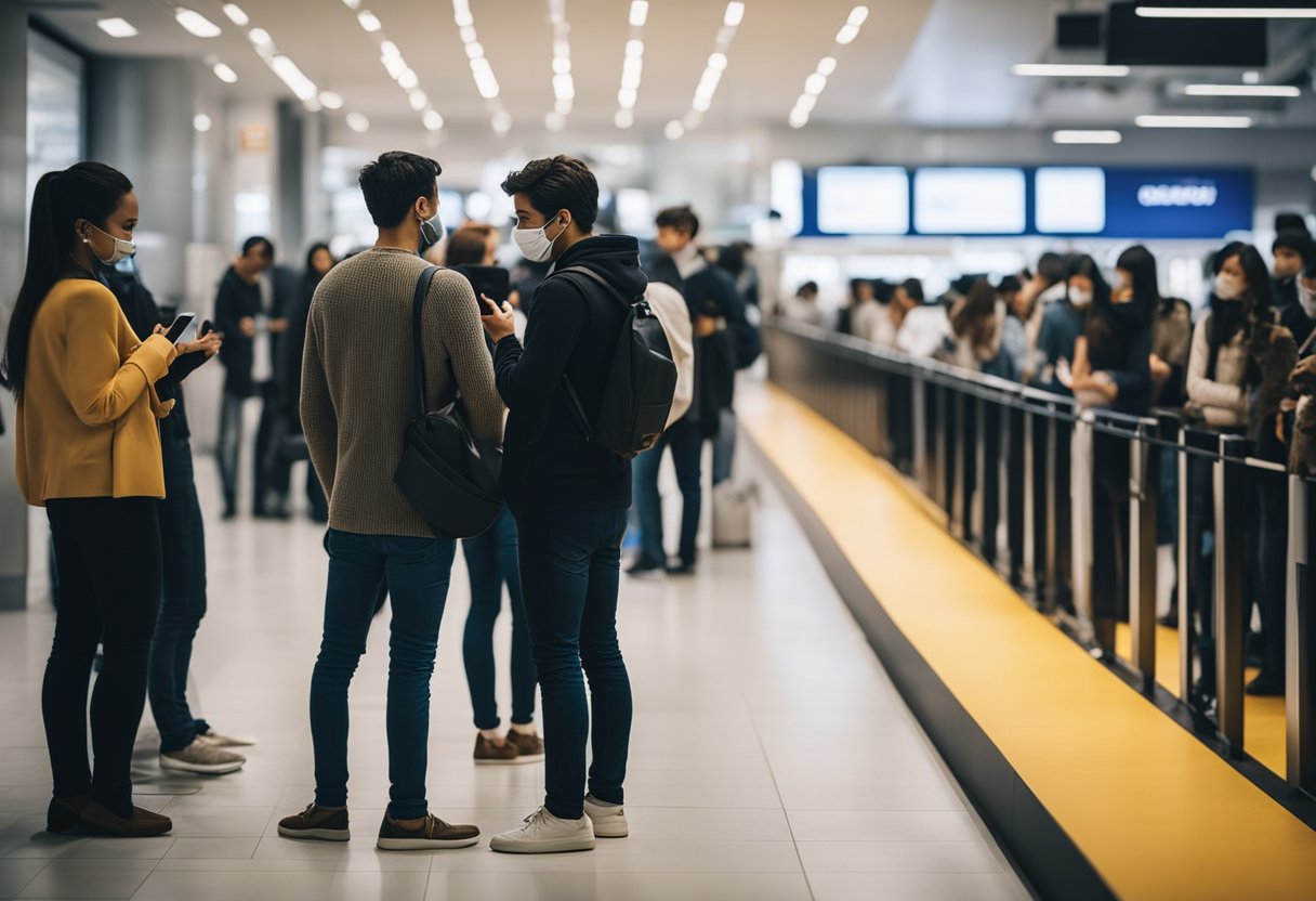 Uma pessoa esperando na fila com um smartphone, parecendo impaciente enquanto aguarda o acesso ao aplicativo Caixa Tem.