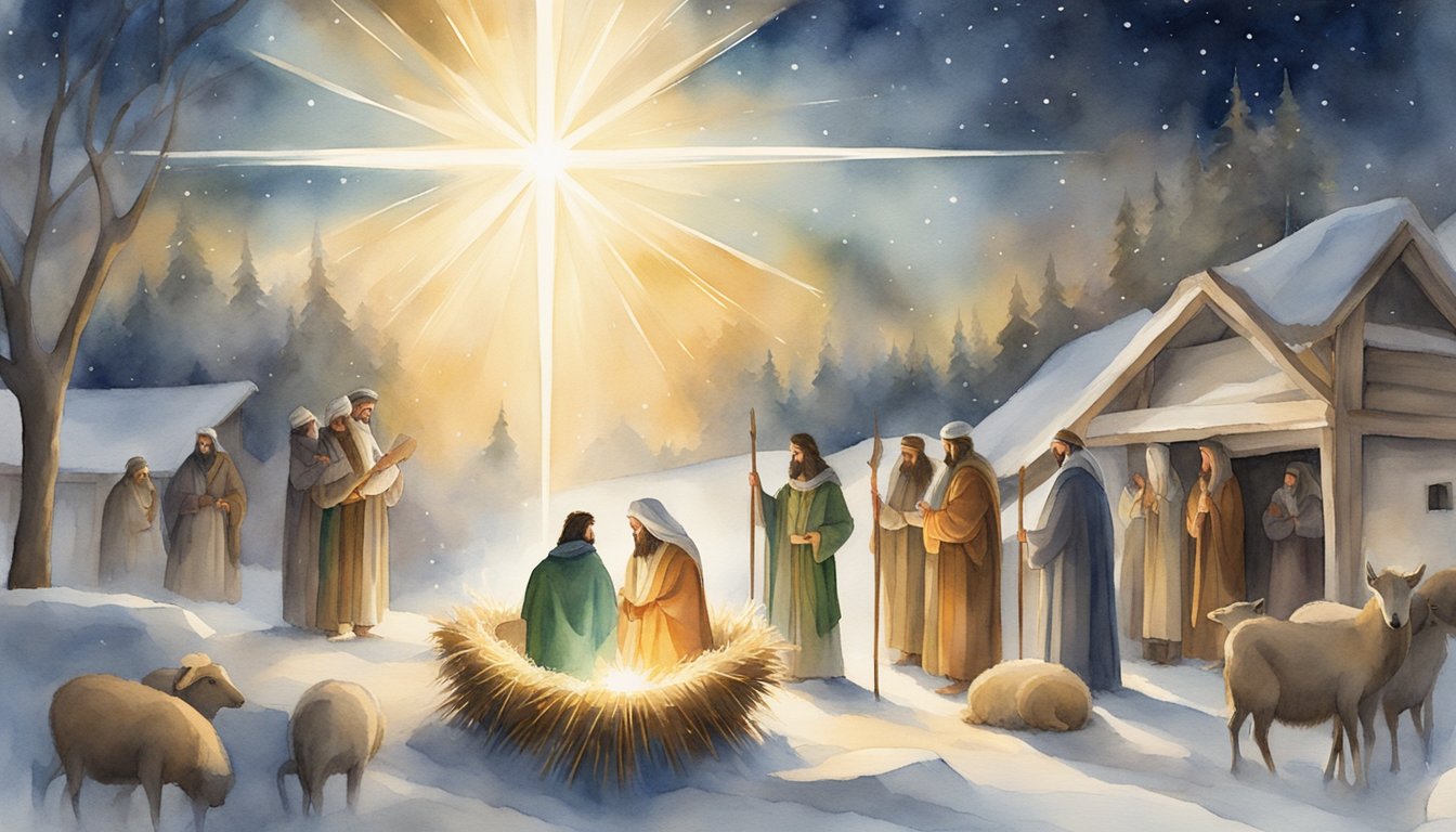 A glowing star over a manger, surrounded by shepherds and wise men, fulfilling old testament prophecies about Jesus' birth
