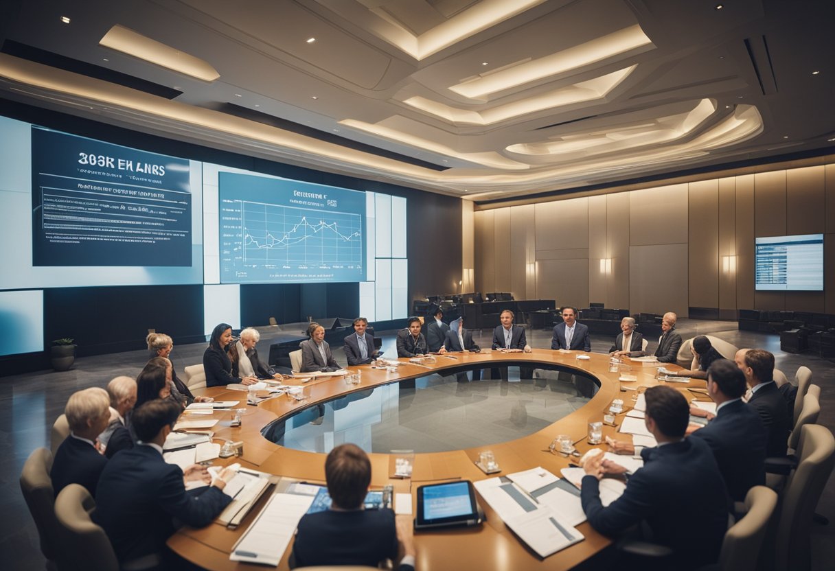 Um grupo de legisladores se reuniu em um grande salão, discutindo as taxas de juros dos cartões de crédito. Gráficos e tabelas estão espalhados sobre uma grande mesa, enquanto debatem o impacto potencial de mudar as regras.