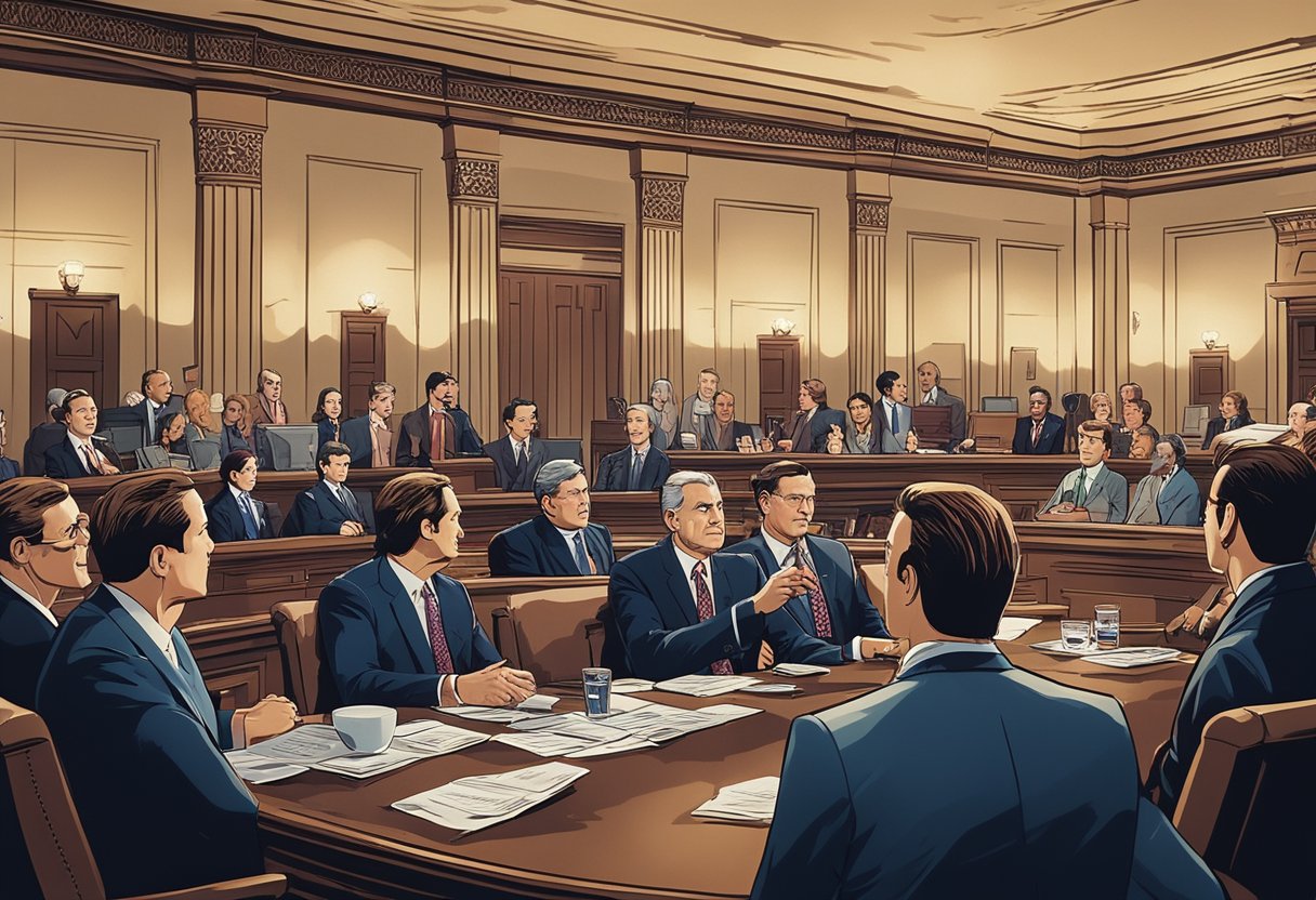 Um grupo de legisladores em uma sessão do congresso, discutindo e debatendo a legislação atual sobre a limitação das taxas de juros rotativos de cartões de crédito.