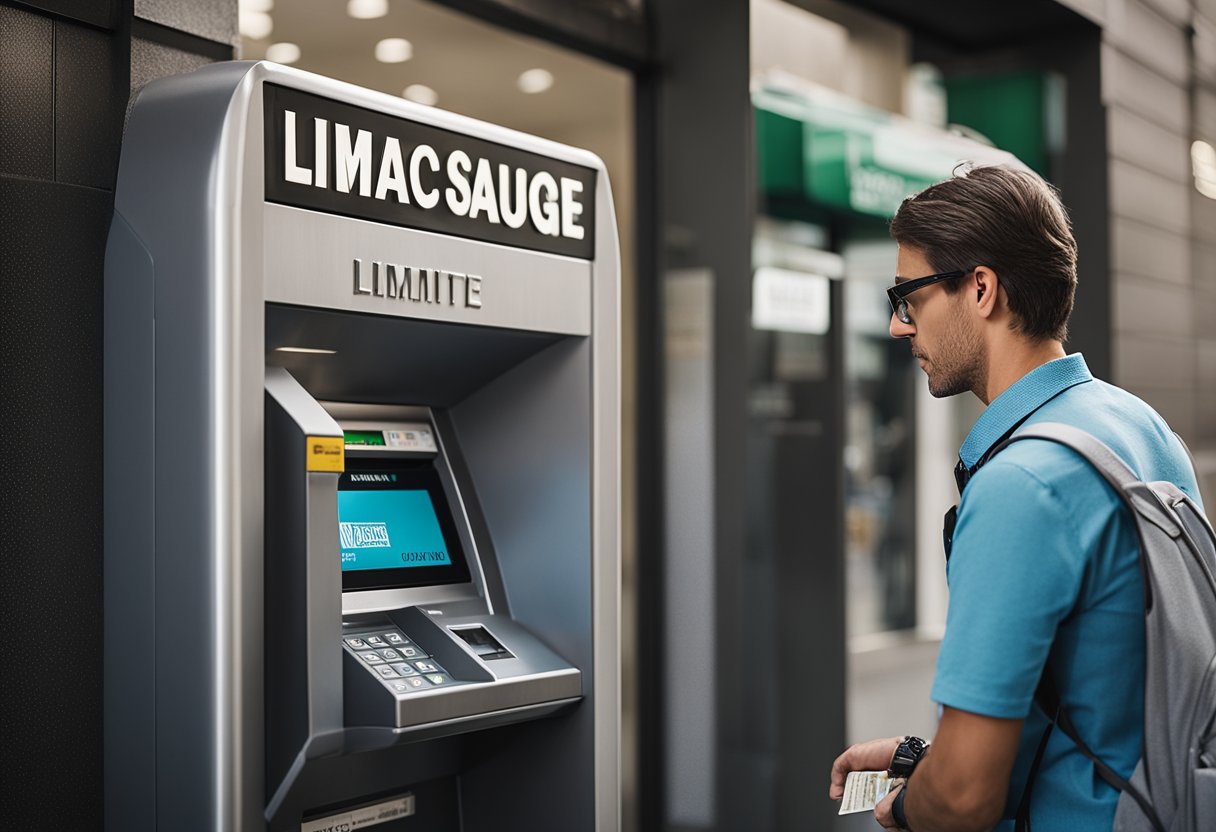 Uma pessoa em pé na frente de um caixa eletrônico do Banco Next, tentando sacar dinheiro, mas sendo impedida por uma mensagem de "limite de saque" na tela.