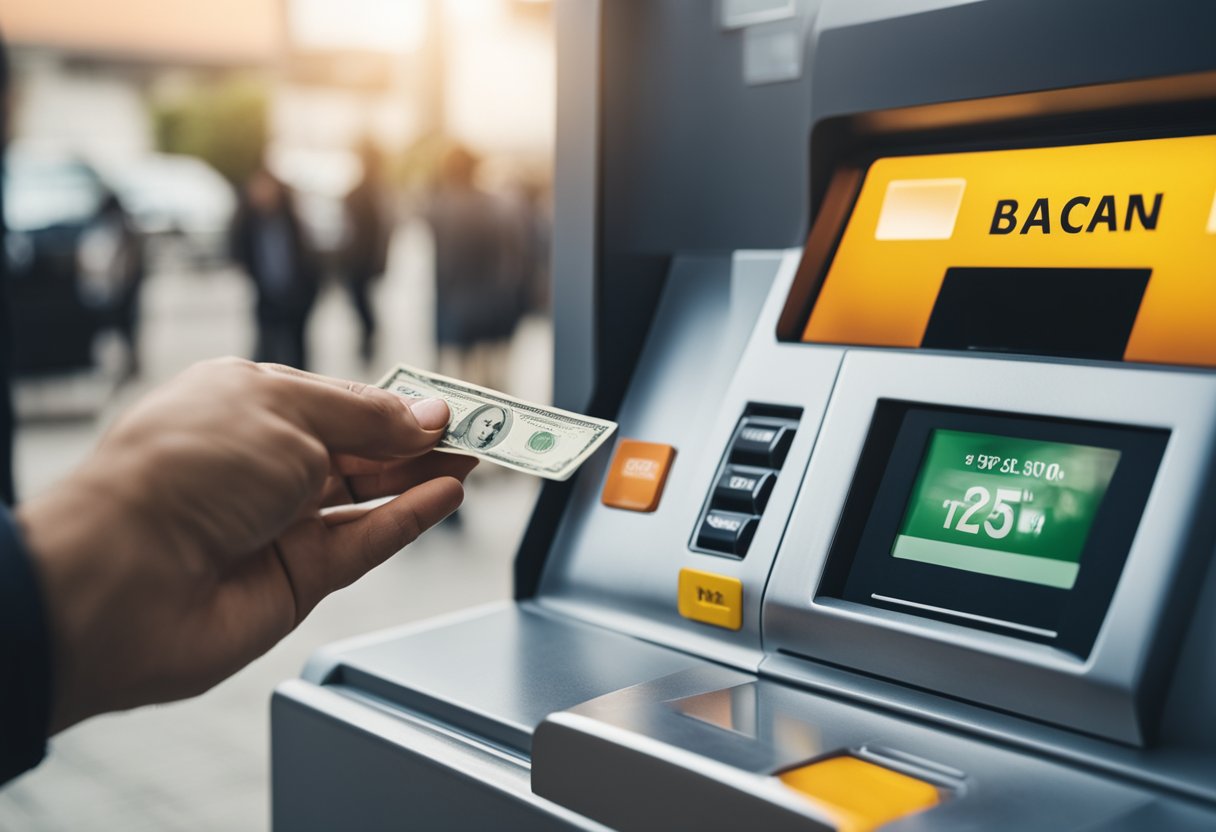 Uma pessoa em pé em um caixa eletrônico, digitando um PIN e sacando dinheiro de uma conta do Banco Next