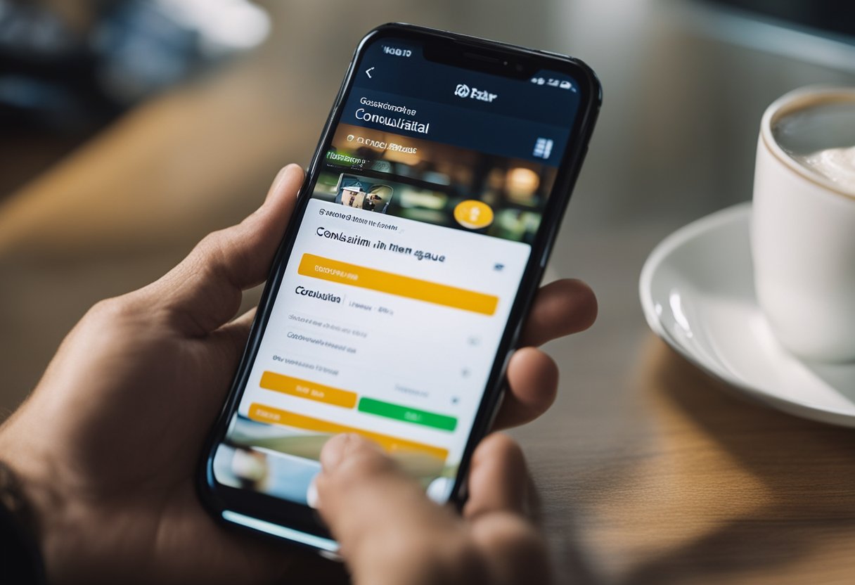 Uma pessoa usando um smartphone para acessar o aplicativo Banco Next, navegando pelo menu até a função "Consultar Limite de Saque".