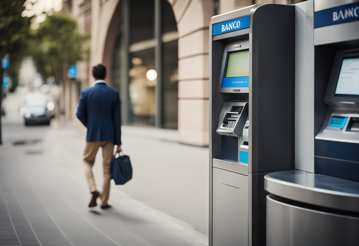 Uma pessoa em pé na frente de um caixa eletrônico do Banco Pan, digitando sua senha para verificar o limite de saque.