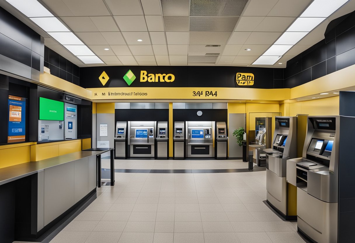 Uma vista panorâmica de um banco com um caixa eletrônico exibindo o limite de saque do Banco Pan