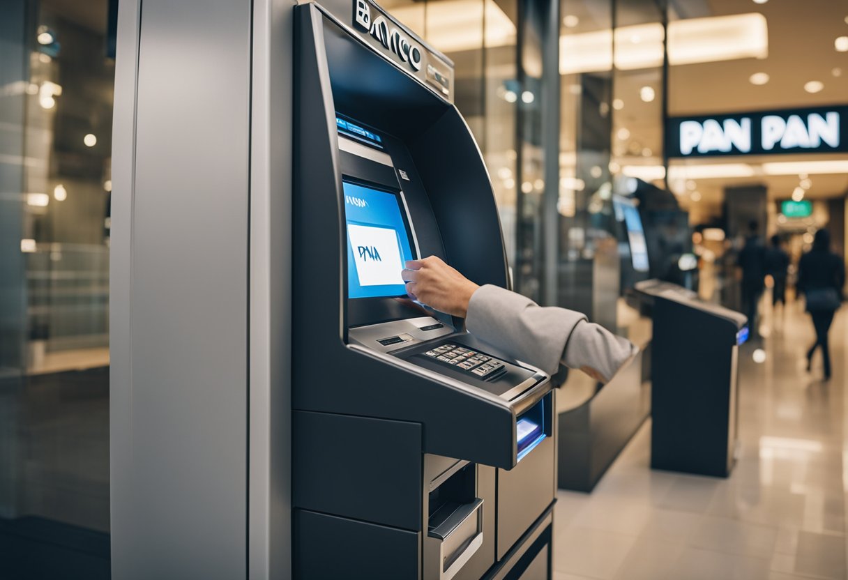 Uma pessoa usando um caixa eletrônico para sacar dinheiro do Banco Pan, com o logotipo e a marca do banco visíveis ao fundo.