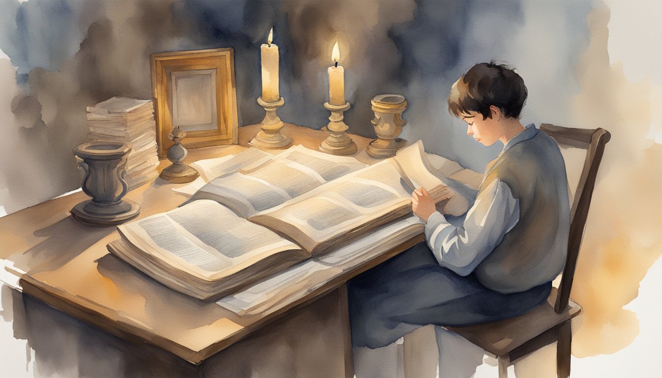 A young person reading a book at a desk, surrounded by ancient scrolls and a candle