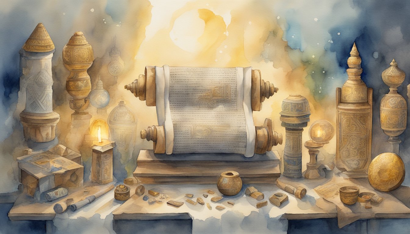 A scroll unfurled, surrounded by ancient artifacts and symbols, with a beam of light shining down from above