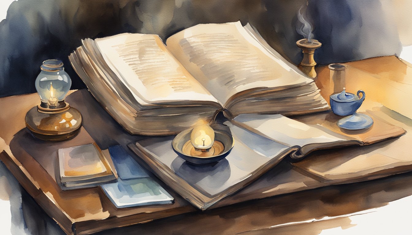 An open book with a worn cover lies on a wooden desk, surrounded by scattered study materials and a dimly lit oil lamp