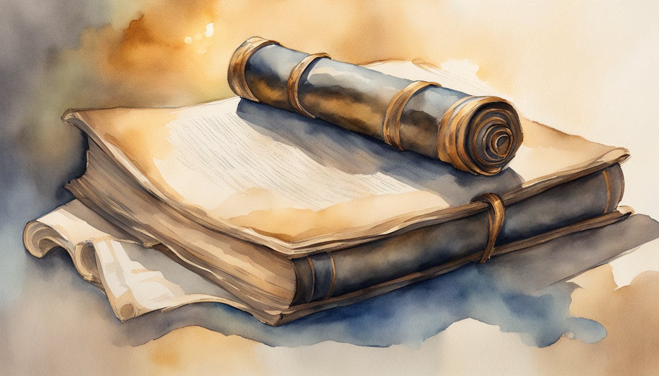 A stack of ancient scrolls surrounded by a soft glow, with a shaft of light illuminating a worn leather-bound book